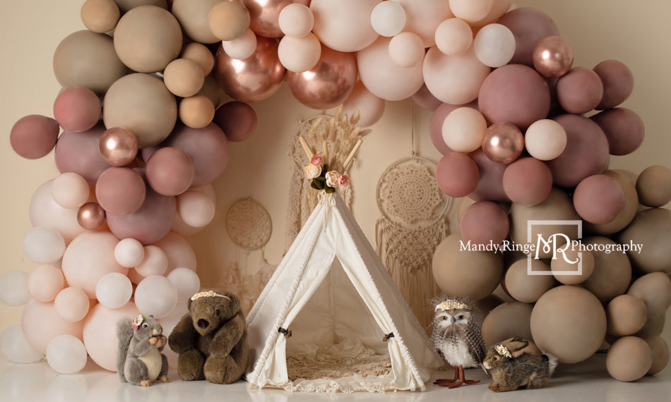 RTS Kate Girl Boho Balloons Backdrop Wild One Animals Designed by Mandy Ringe Photography
