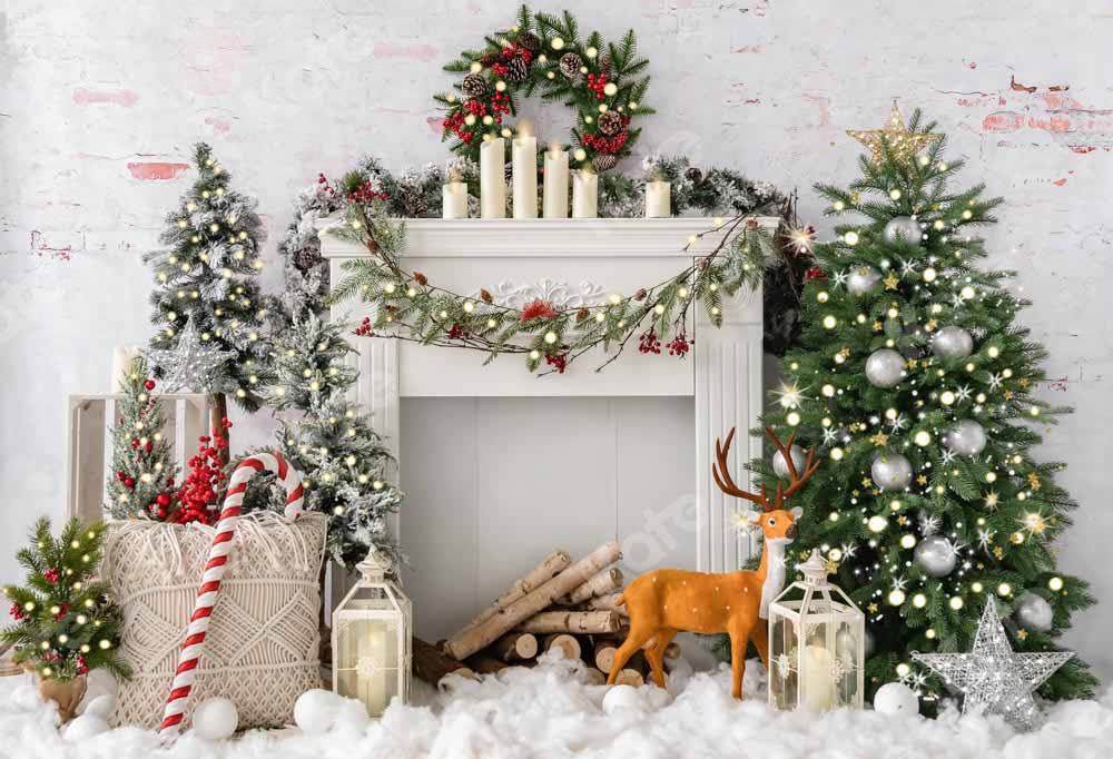 Kate Christmas Tree Elk Brick Fireplace Backdrop (Clearance US only)
