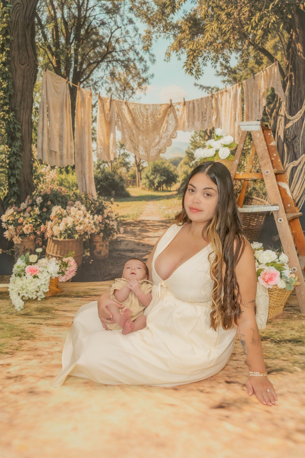 Kate Summer Country Path Laundry Clothesline Floral Baskets Printed Backdrop Designed by Emetselch