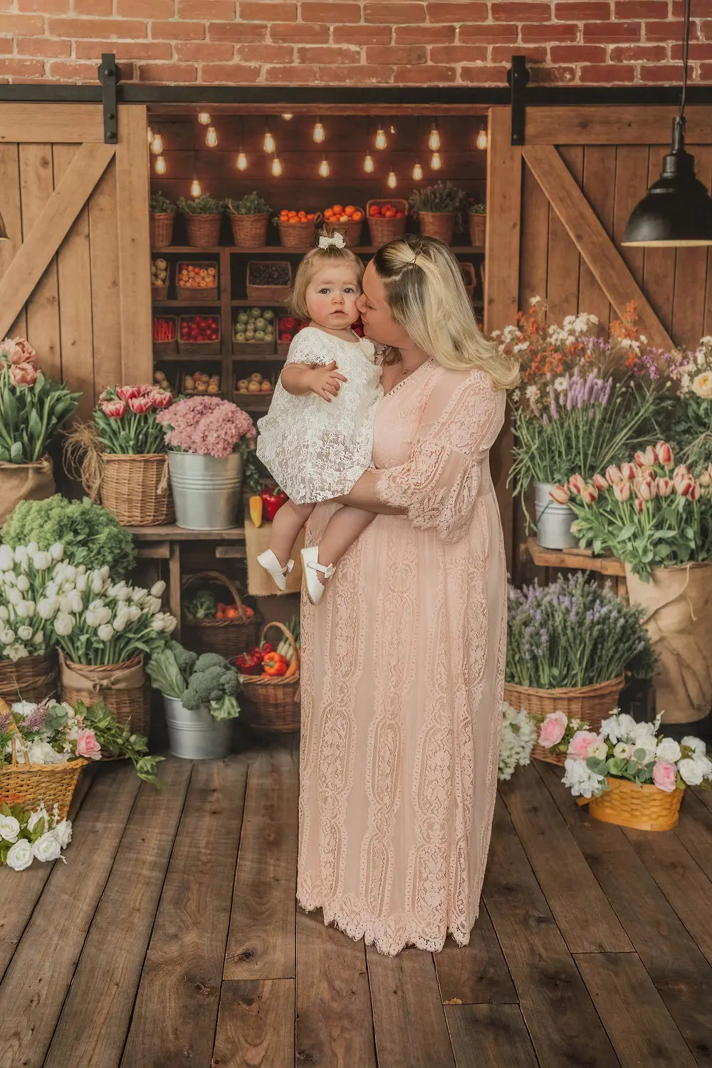 Kate Flower Market Fruits Vegetables Baskets Barn Brick Wall Printed Backdrop+Brown Retro Wall Wooden Plank Printed Backdrop
