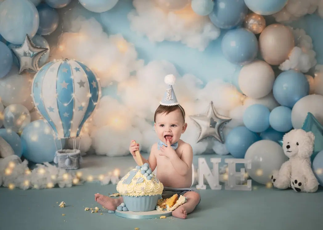 Kate Cake Smash Blue Balloon Arch Hot Air Balloon Teddy Bear Stars Printed Backdrop Designed by Emetselch