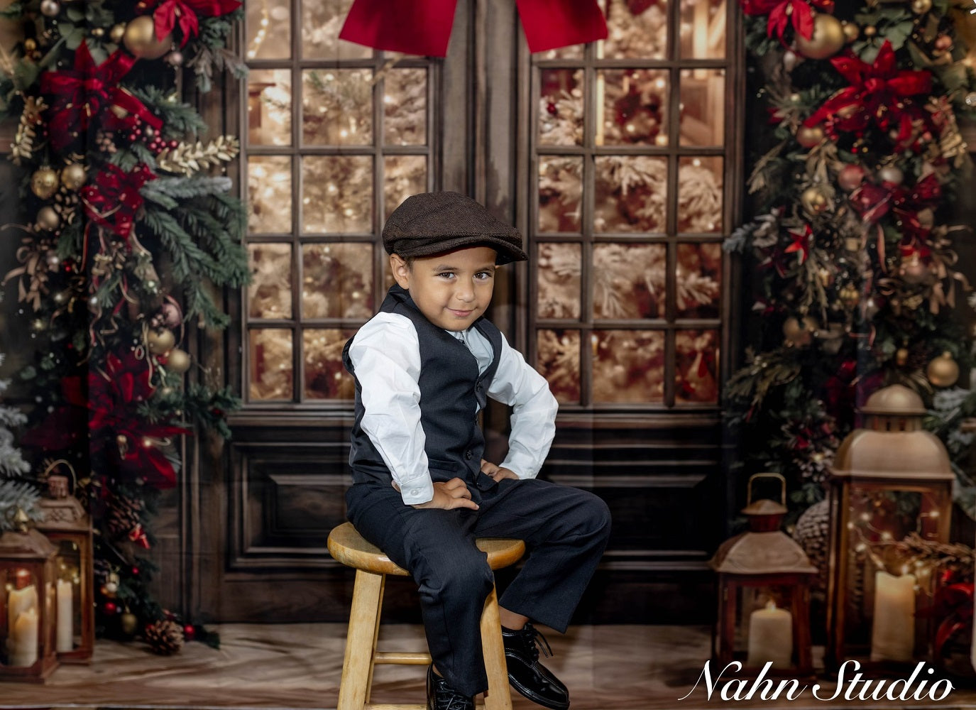 Kate Christmas Arch Door Red Bow Pine Trees Lanterns Backdrop Designed by Emetselch