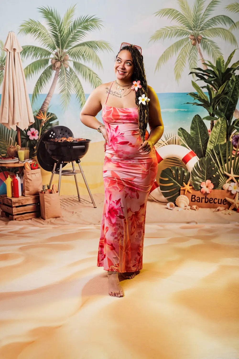 Kate Summer Beach Palm Trees Barbecue Umbrella Flowers Lifebuoy Printed Backdrop+Beach Sand Floor Printed Backdrop