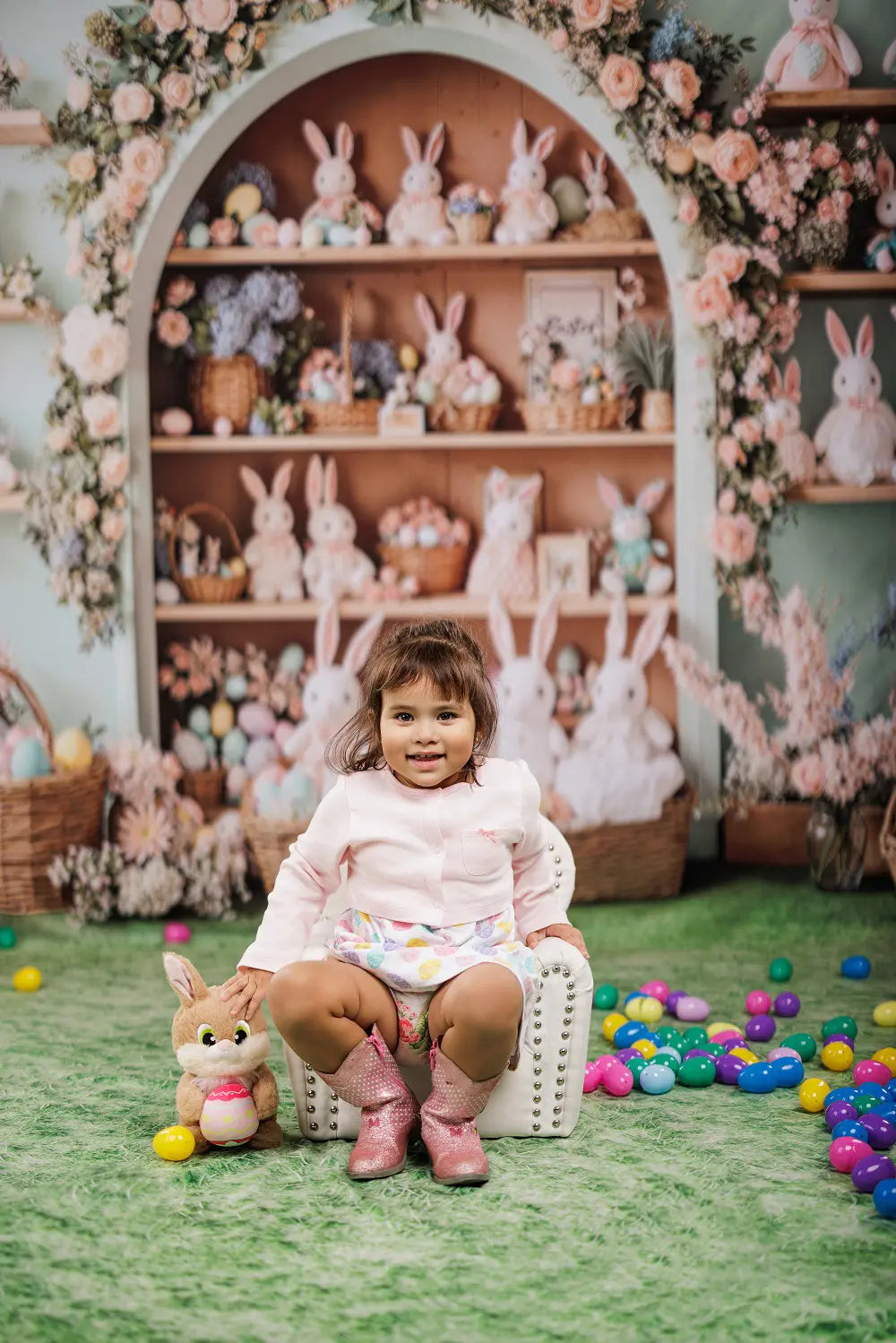 Kate Easter Bunny Flower Arch Cabinet Pastel Eggs Baskets Backdrop+Spring Green Grass Floor Backdrop
