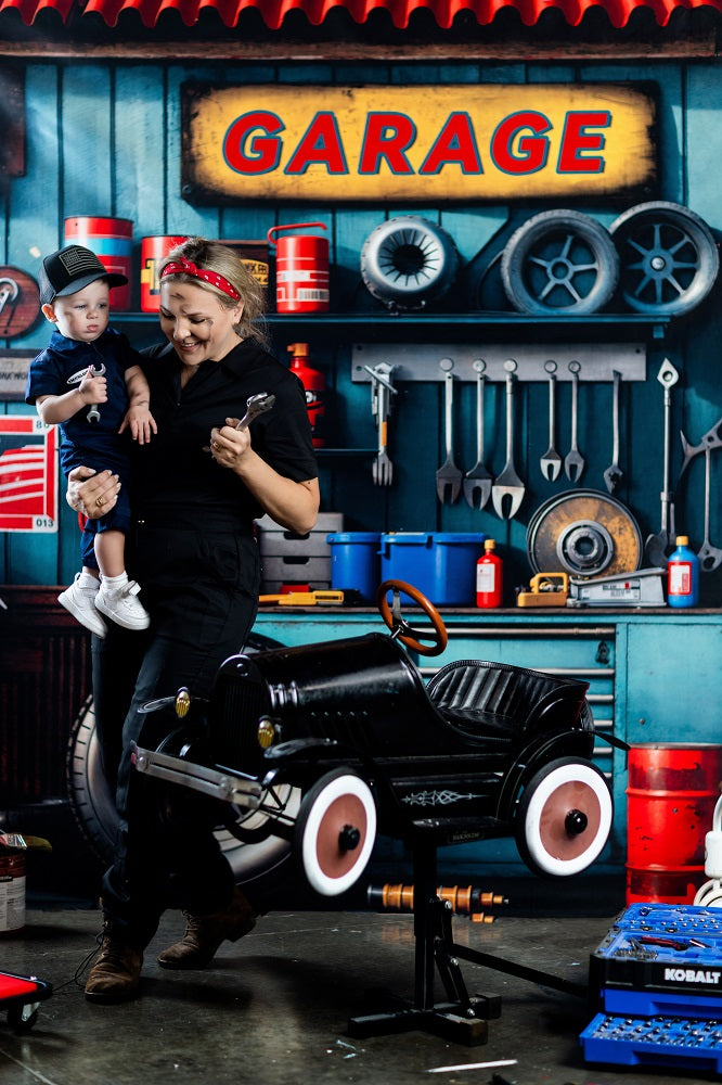 Kate Modern Tool Holder and Tires Red Tanker Garage Printed Backdrop Designed by Emetselch