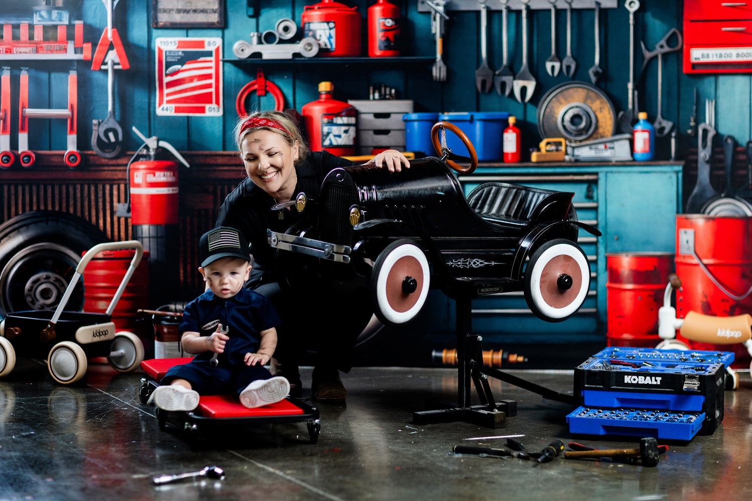 Kate Modern Tool Holder and Tires Red Tanker Garage Printed Backdrop Designed by Emetselch