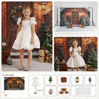 Kate Christmas Cabin Snowy Trees Printed Backdrop Designed by Emetselch