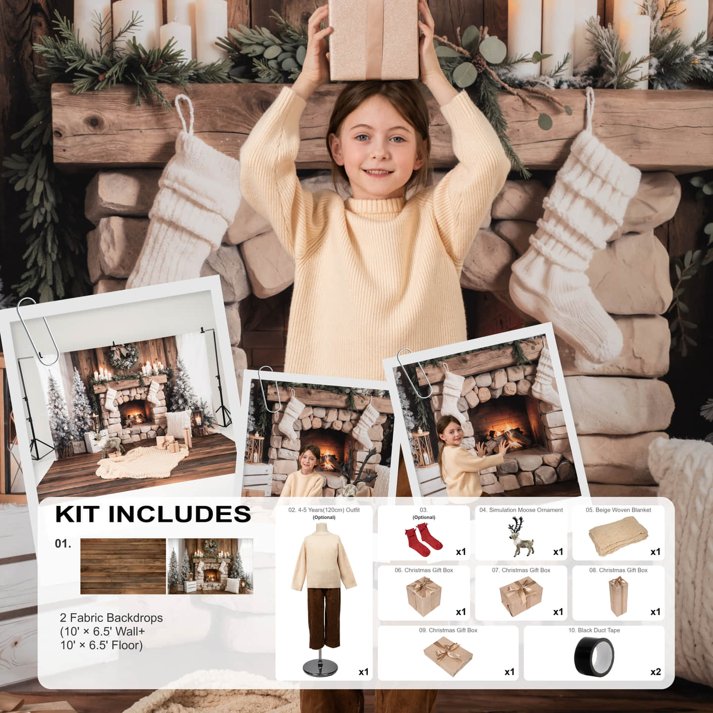 Child in a yellow sweater holding a box in front of a decorated fireplace background with Christmas stockings.