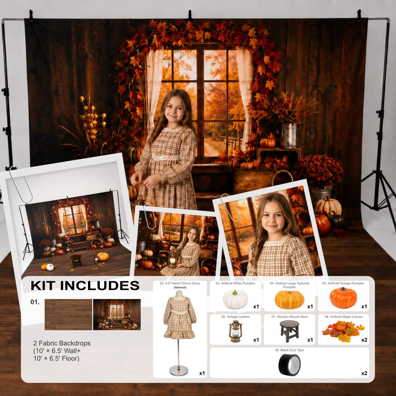 Kate Fall Window Maple Leaves Pumpkin Photo Kit Photography Backdrops&Props Themed Bundle(US ONLY)