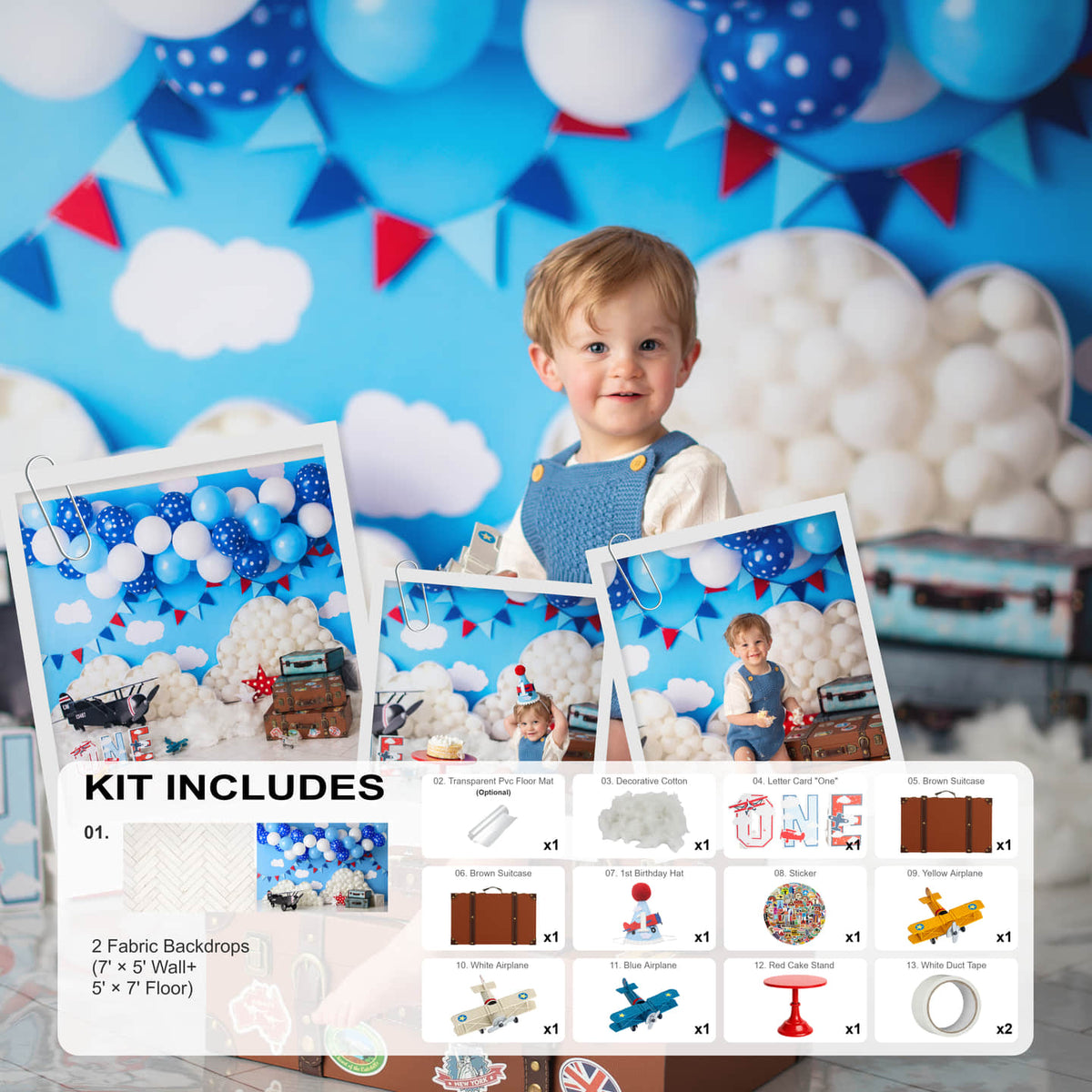 Kate Blue White Balloon Airplane Cakesmash Photo Kit Photography Backdrops&Props Themed Bundle(US ONLY)