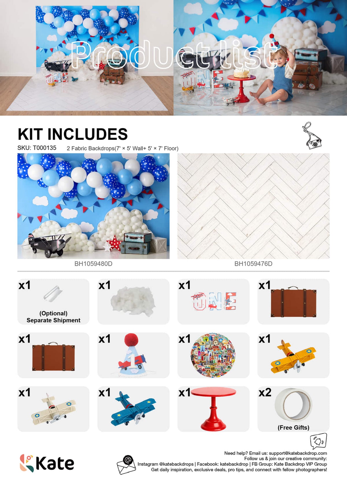 Kate Blue White Balloon Airplane Cakesmash Photo Kit Photography Backdrops&Props Themed Bundle(US ONLY)