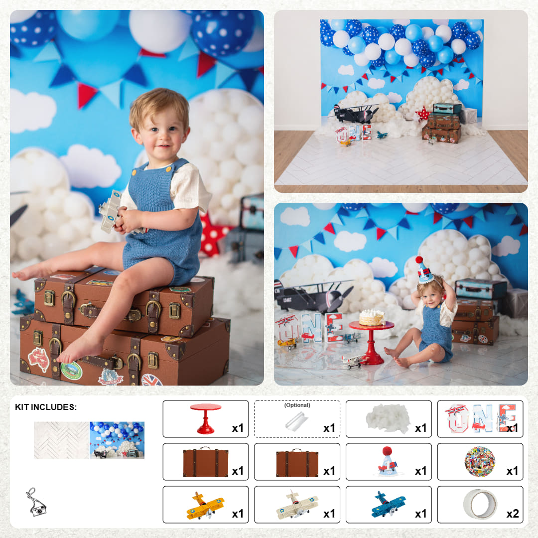 Kate Blue White Balloon Airplane Cakesmash Photo Kit Photography Backdrops&Props Themed Bundle(US ONLY)