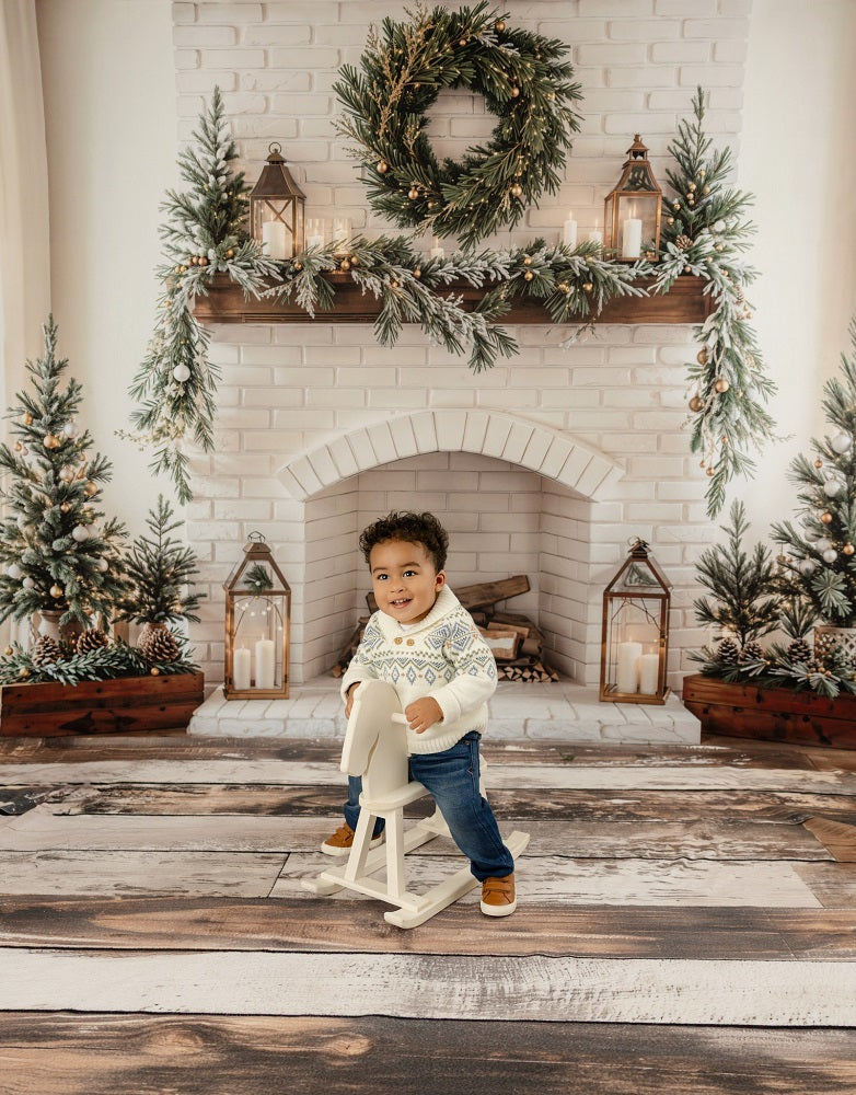 Kate Christmas Fireplace Wreath White Brick Wall Printed Backdrop Desi