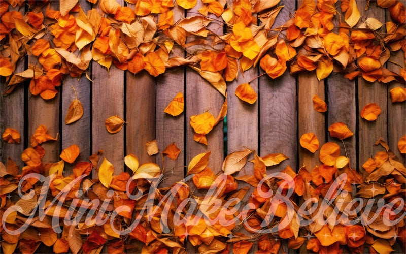 Kate Fall Brown Wood Floor with Large Orange Leaves Rubber Floor Mat designed by Mini MakeBelieve