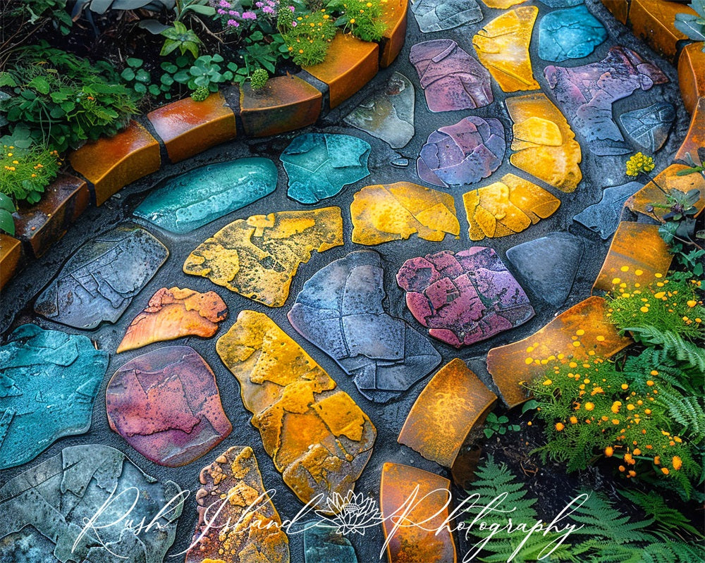 Kate Spring Green Plant Orange Flower Colorful Large Stone Garden Path Wood Rubber Floor Mat Designed by Laura Bybee
