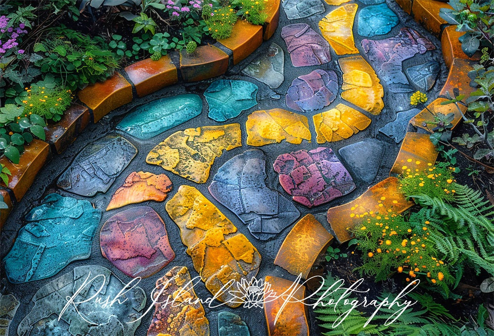 Kate Spring Green Plant Orange Flower Colorful Large Stone Garden Path Wood Rubber Floor Mat Designed by Laura Bybee