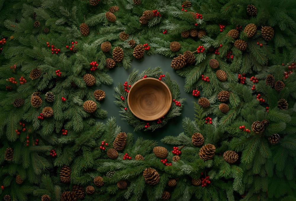 Kate Christmas Newborn Pine Wreath Bowl Pinecones Red Berries Rubber Floor Mat Designed by Chain Photography