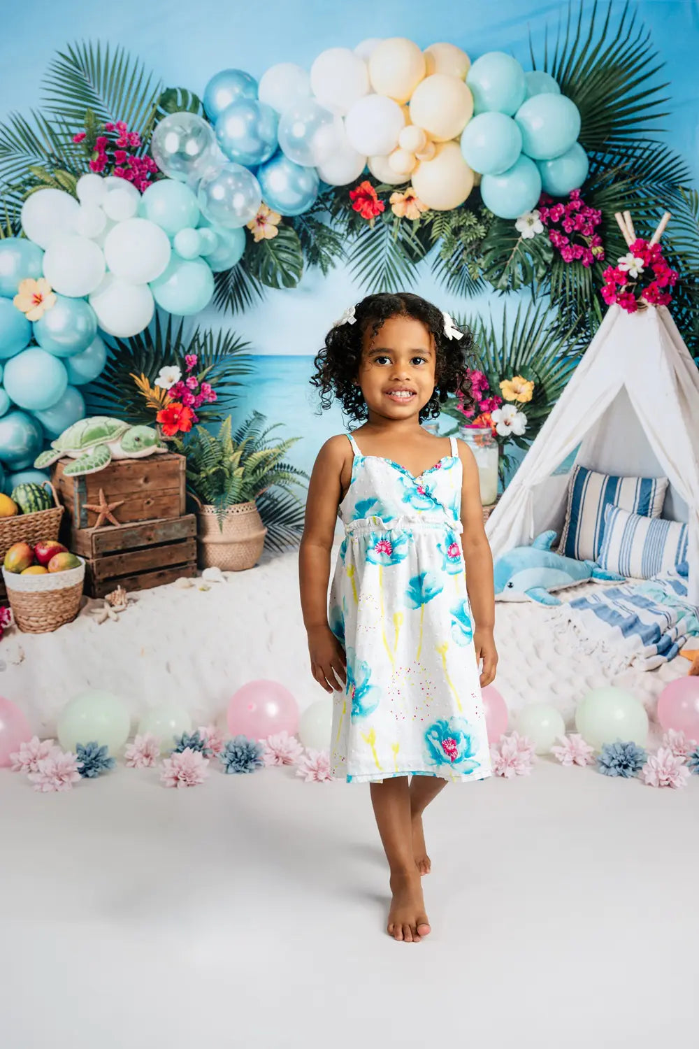 Kate Summer Beach Balloon Arch Tent Palm Leaves Printed Backdrop Designed by Emetselch