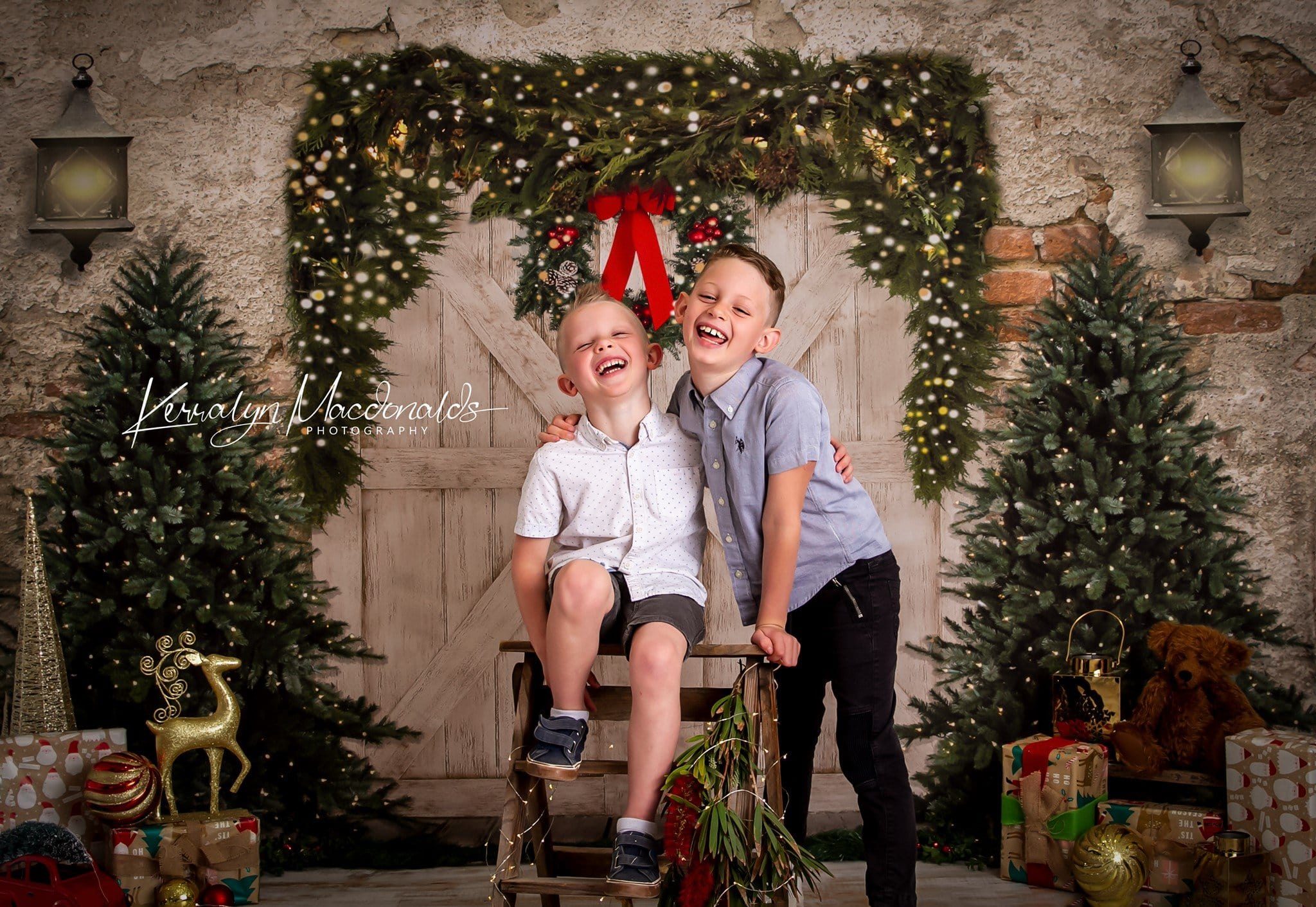 RTS Kate Christmas Backdrop Brick Wall Door & Xmas Trees Designed By JS Photography (Clearance US only)