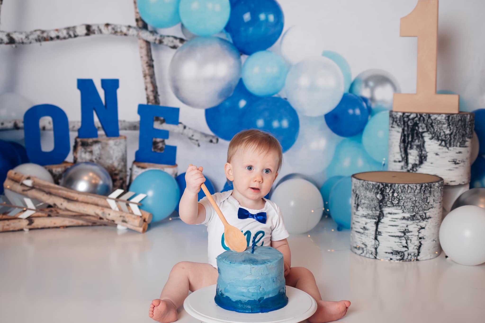 Kate 7x5ft Birchy Blue Balloons First Birthday Backdrop Designed by Arica Kirby (only ship to Canada)