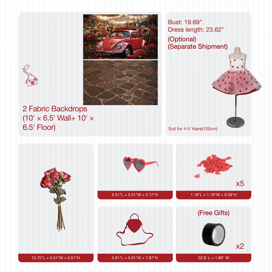 Kate Valentine's Day Red Car Flowers Photo Kit Photography Backdrops&Props Themed Bundle