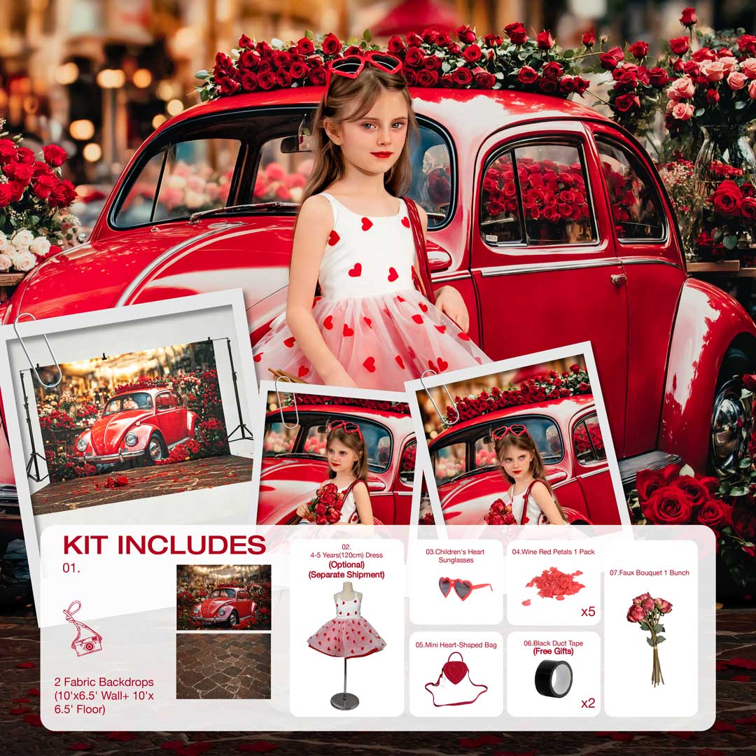 Kate Valentine's Day Red Car Flowers Photo Kit Photography Backdrops&Props Themed Bundle