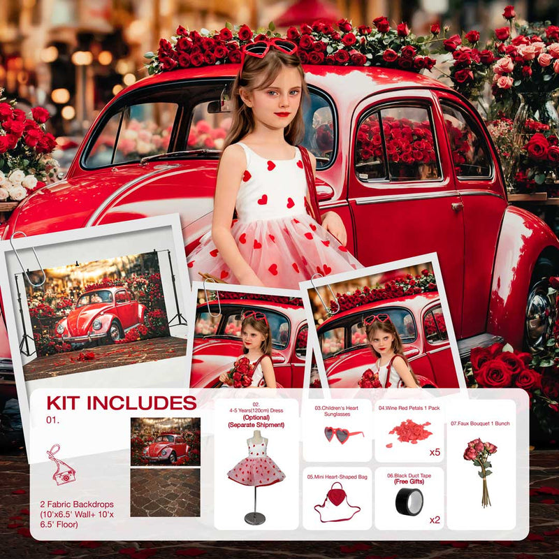 Kate Valentine's Day Red Car Flowers Photo Kit Photography Backdrops&Props Themed Bundle