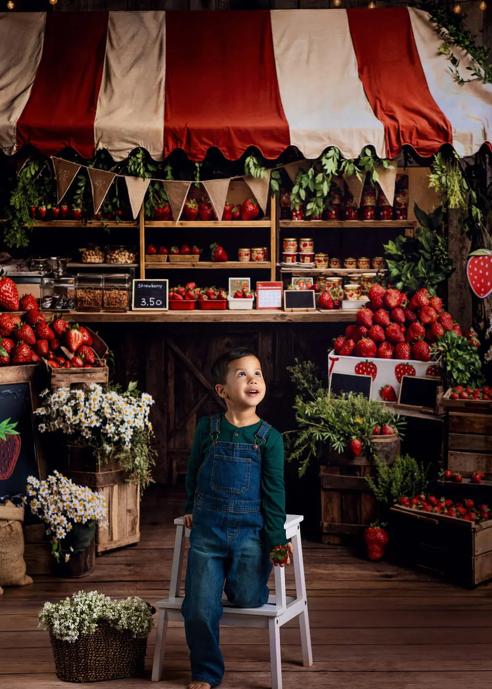Kate Summer Strawberry Market Stand with Flowers and Crates Printed Backdrop+Light Brown Wood Plank Floor Printed Backdrop
