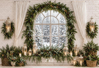 Kate Christmas Evergreen Garland Arched Window Lanterns Printed Backdrop Designed by Emetselch