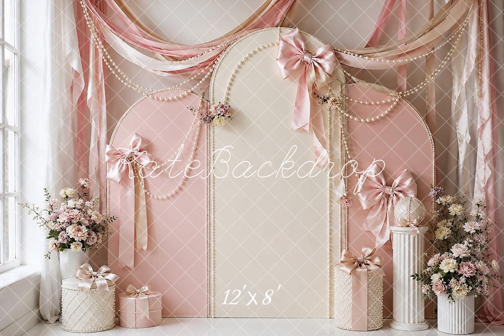 Kate Cake Smash Pink Ribbon Pearl Bow Printed Backdrop Designed by Shutter Swan Studios