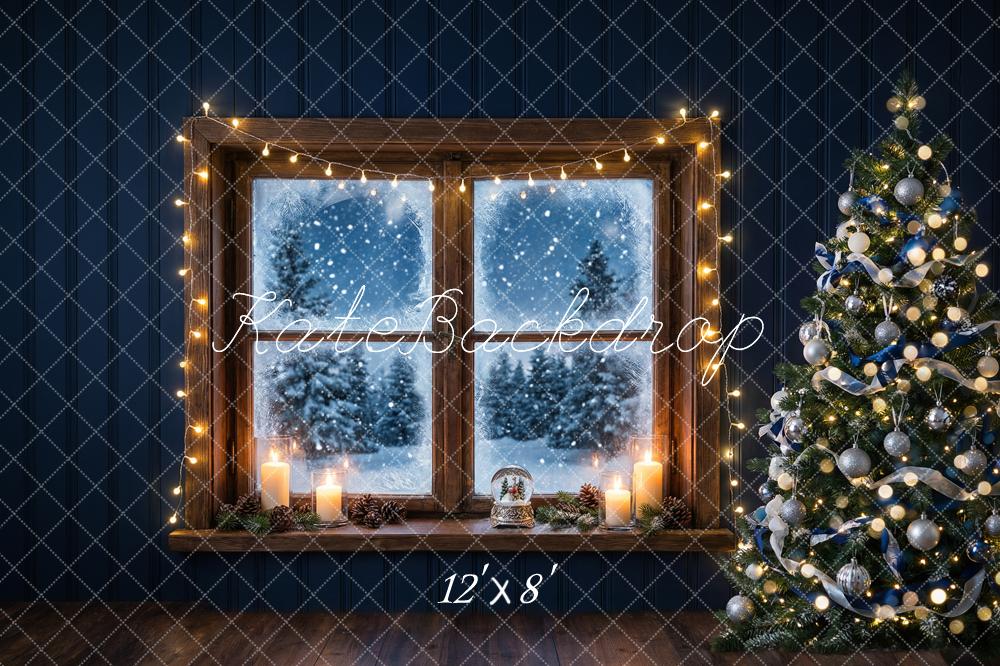 Kate Christmas Window Tree Snowy Night Printed Backdrop Designed by Happy Squirrel Design