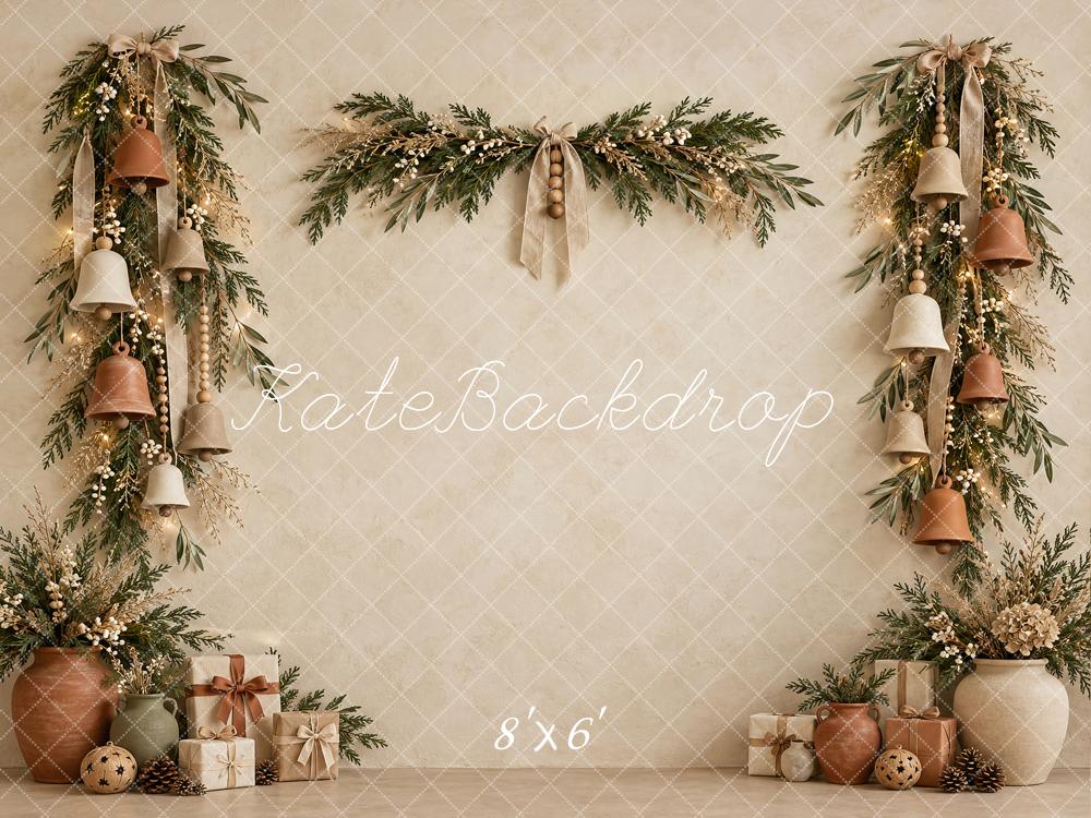 Kate Christmas Boho Bells Greenery Neutral Gifts Printed Backdrop Designed by Vertigo Productions