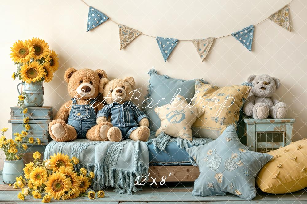 Kate Teddy Bears Sofa Sunflowers Blue Pillows Printed Backdrop Designed by Emetselch