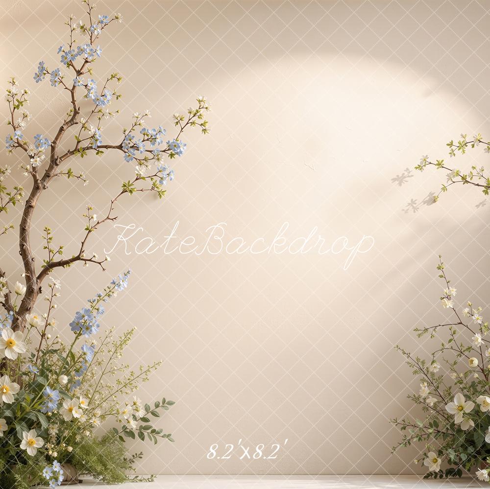 Kate Spring Beige Floral Branches Draped Curtains Printed Backdrop Designed by Shutter Swan Studios