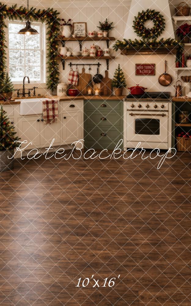 Kate Sweep Christmas Cottage Kitchen Window Garland Farmhouse Printed Backdrop Designed by Vertigo Productions