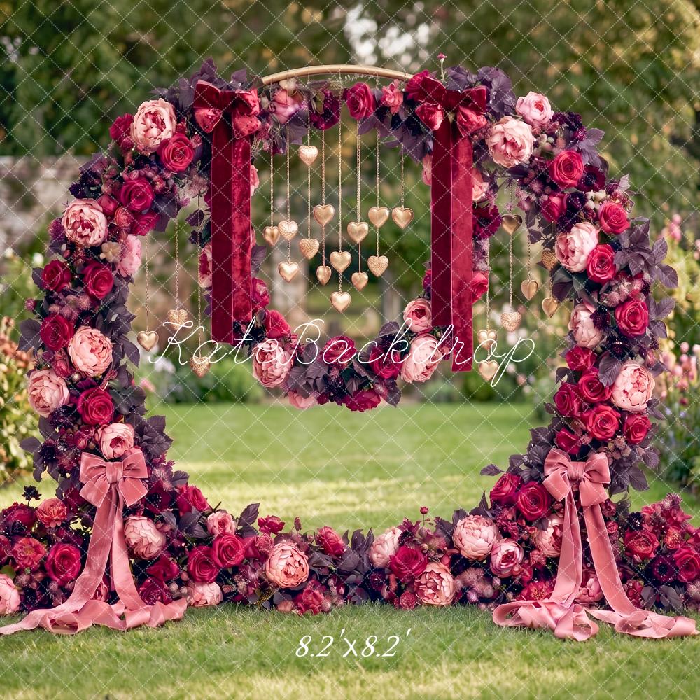 Kate Valentines Outdoor Floral Arch Hanging Hearts Garden Printed Backdrop Designed by Angela Miller