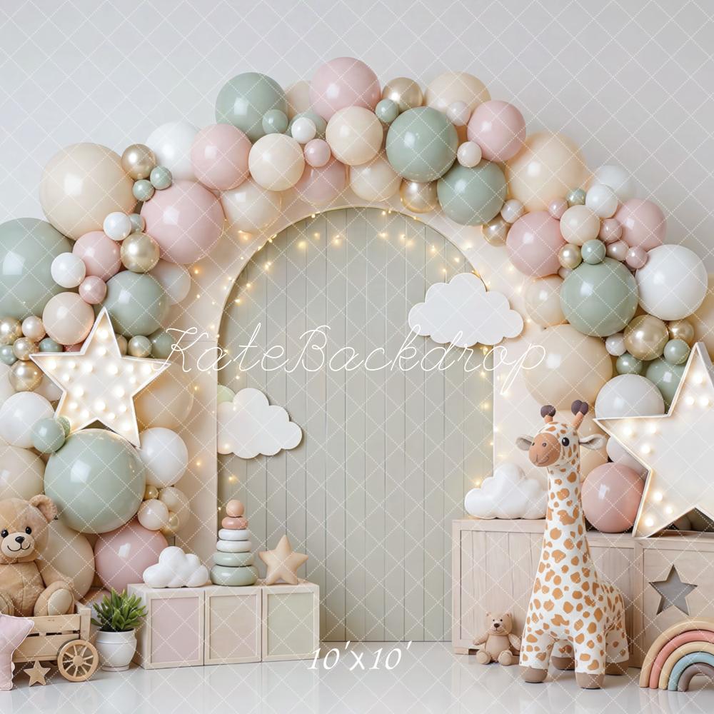 Kate Cake Smash Pastel Balloon Arch Stars Clouds Teddy Bear Giraffe Printed Backdrop Designed by Mini MakeBelieve