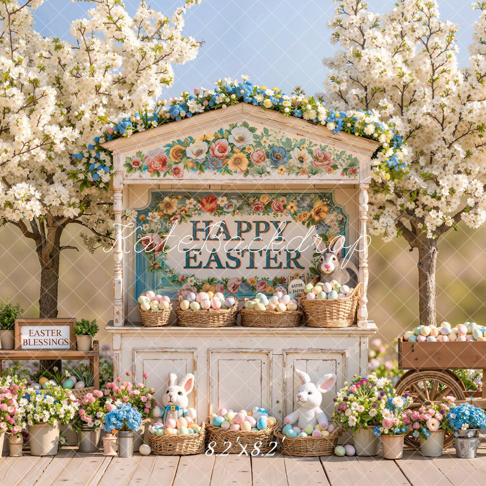 Kate Easter Bunny Floral Market Eggs Baskets Cherry Blossom Printed Backdrop Designed by Emetselch