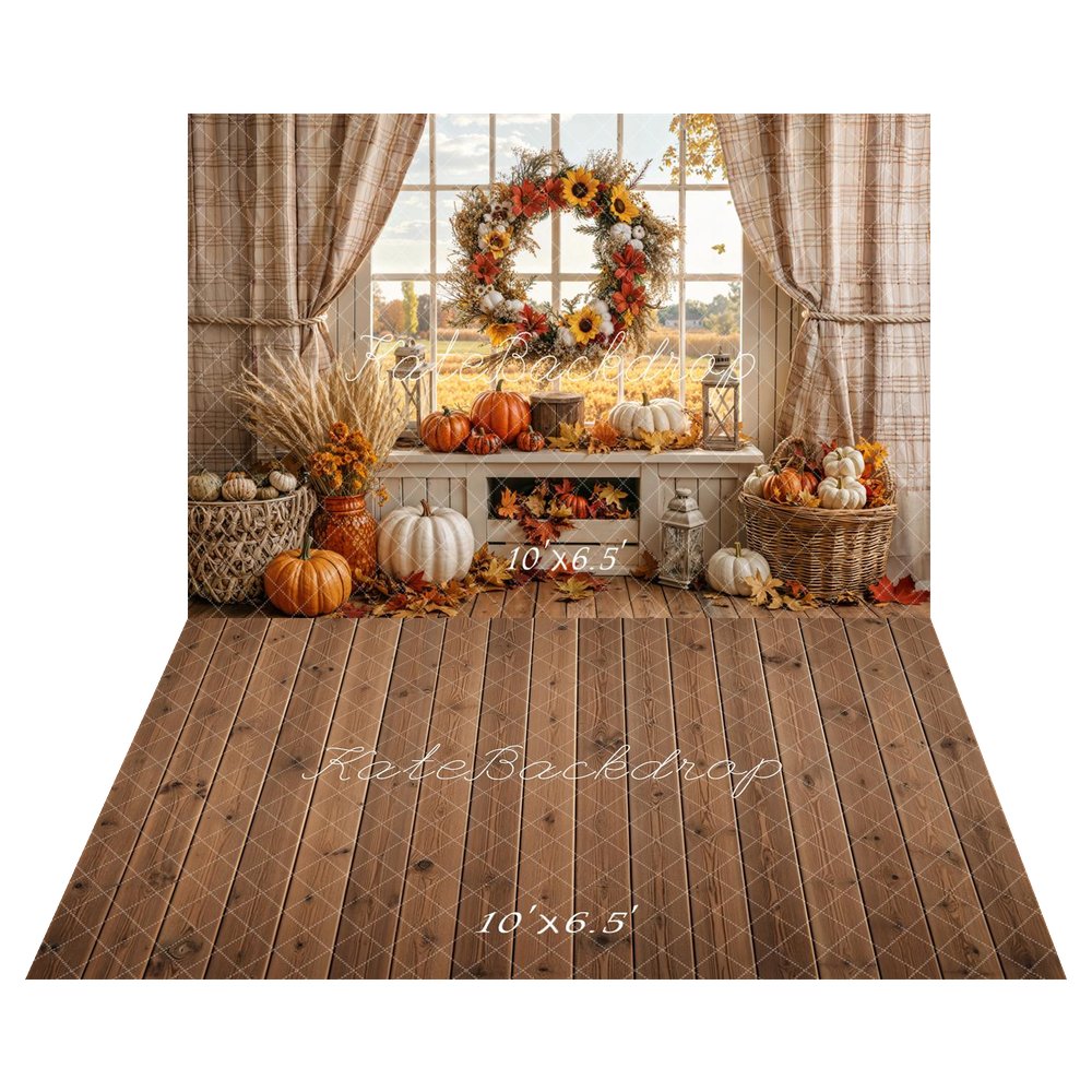 Kate Fall Rustic Pumpkin Wreath Window Printed Backdrop+Brown Wooden Plank Retro Floor Printed Backdrop