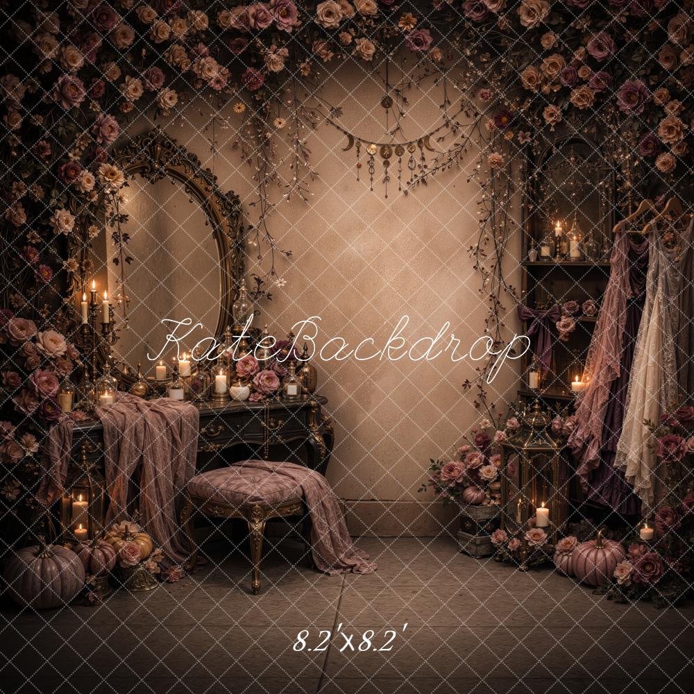 Kate Halloween Gothic Witches Dressing Room Mirror Floral Pumpkins Printed Backdrop Designed by Jordan Moon