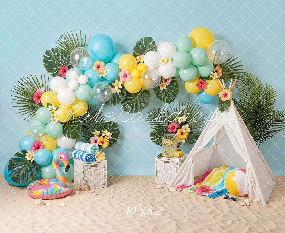 Kate Cake Smash Balloon Arch Flamingo Tent Beach Scene Backdrop Designed by Emetselch