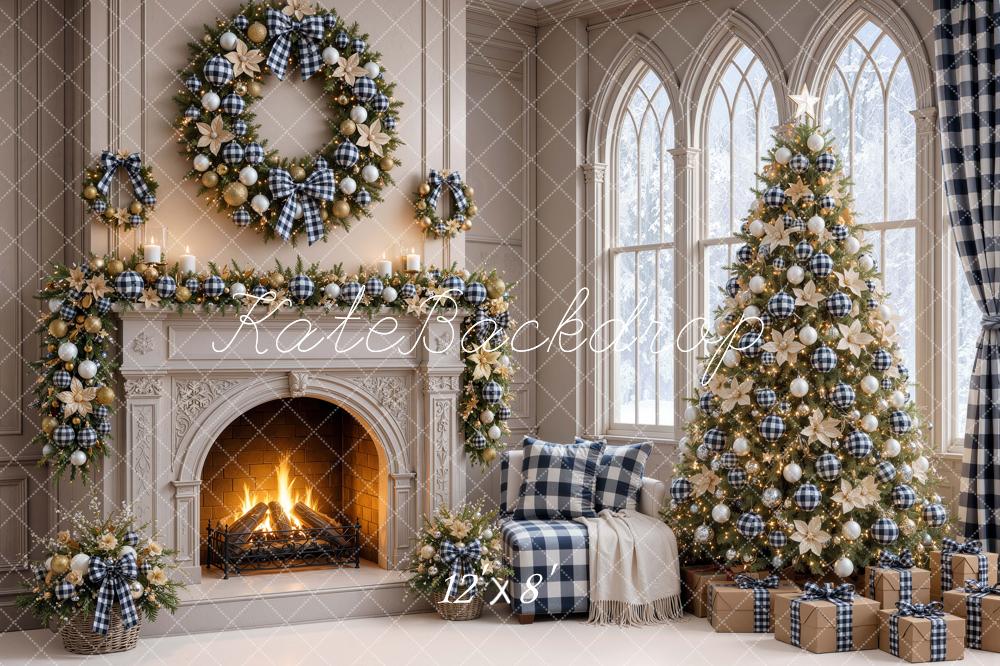 Kate Christmas Fireplace Plaid Wreath Tree Window Printed Backdrop Designed by Mini MakeBelieve