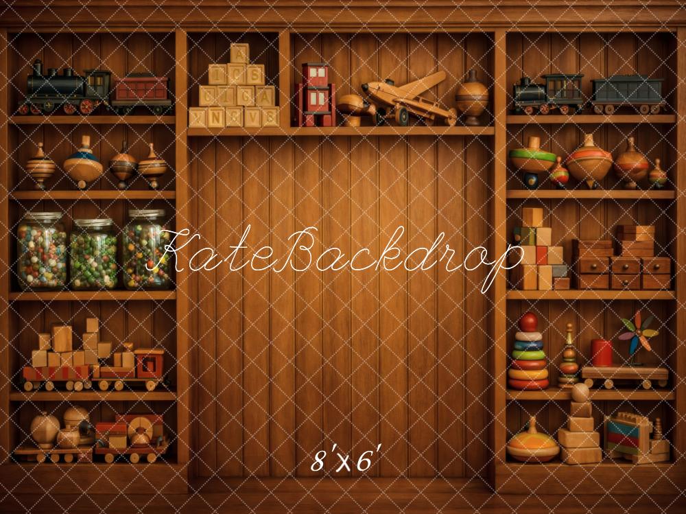 Kate Vintage Wooden Cabinet with Classic Toys Printed Backdrop Designed by Vertigo Productions