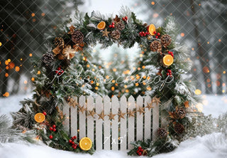 Arco de Navidad invernal nevado cerca de naranjas fondo diseñado por Mini MakeBelieve