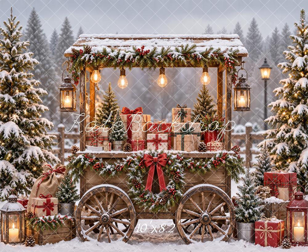 Kate Christmas Snowy Gift Cart Lanterns Printed Backdrop Designed by Emetselch