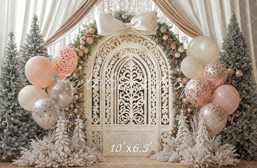 Kate Christmas Cream Vintage Door Balloon Arch Frosted Trees Backdrop Designed by Emetselch