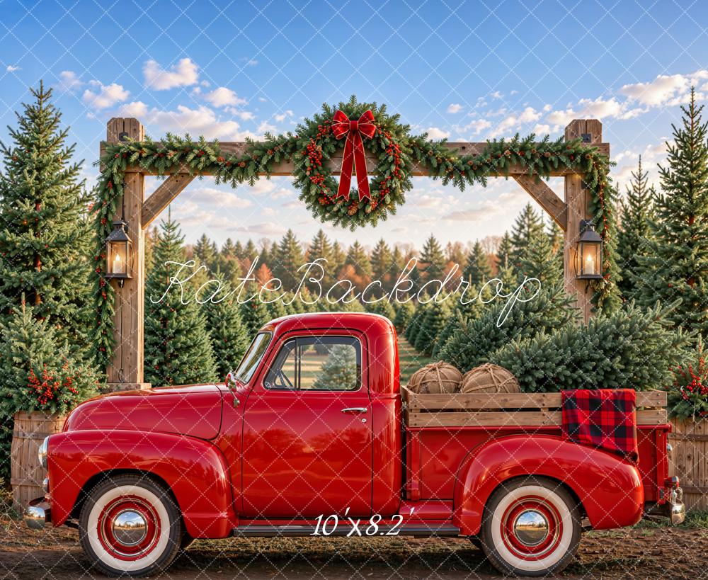 Kate Christmas Farm Red Truck Wreath Rustic Arch Printed Backdrop Designed by Emetselch