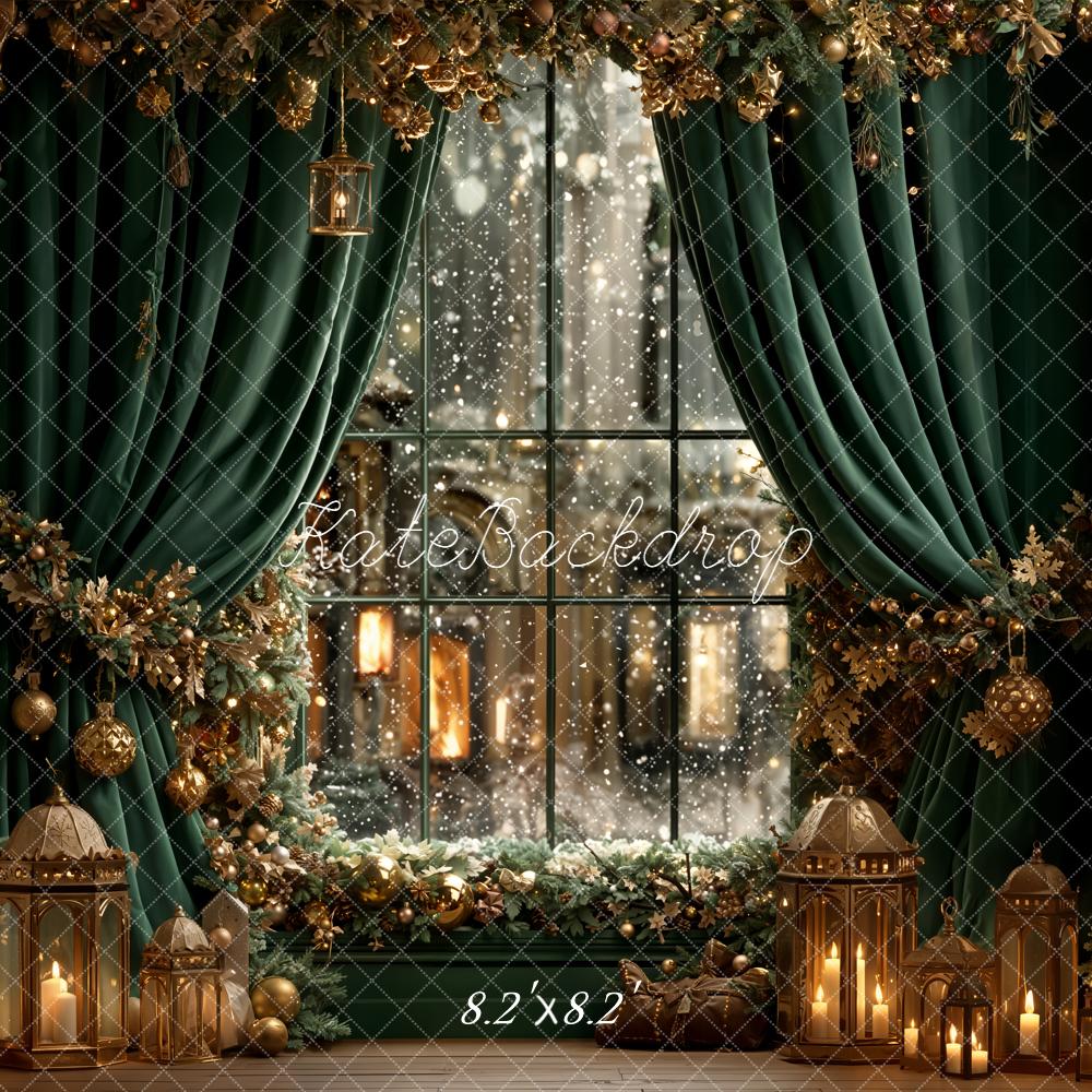 Kate Christmas Green Curtains Window Garland Lanterns Backdrop Designed by Emetselch