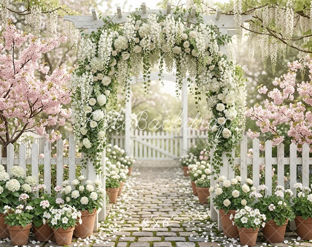 Kate Spring Flower Arch White Roses Cobblestone Path Garden Printed Backdrop Designed by Emetselch