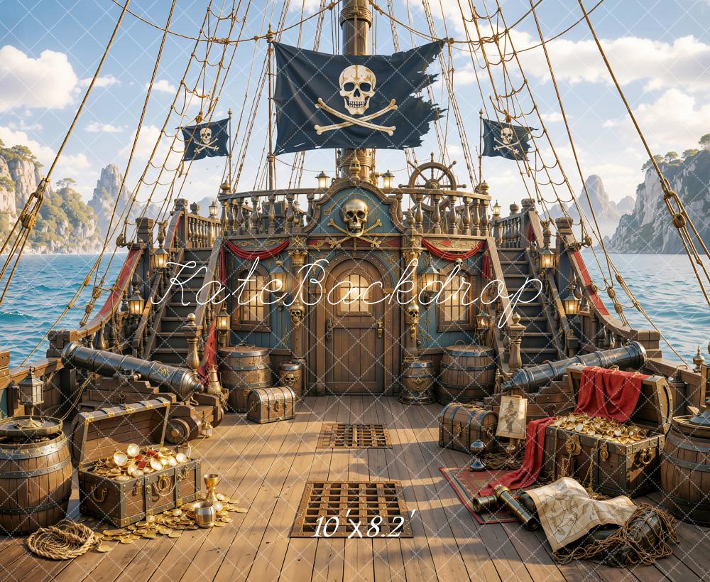 Kate Adventure Pirate Ship Treasure Ocean Deck Printed Backdrop Designed by Emetselch